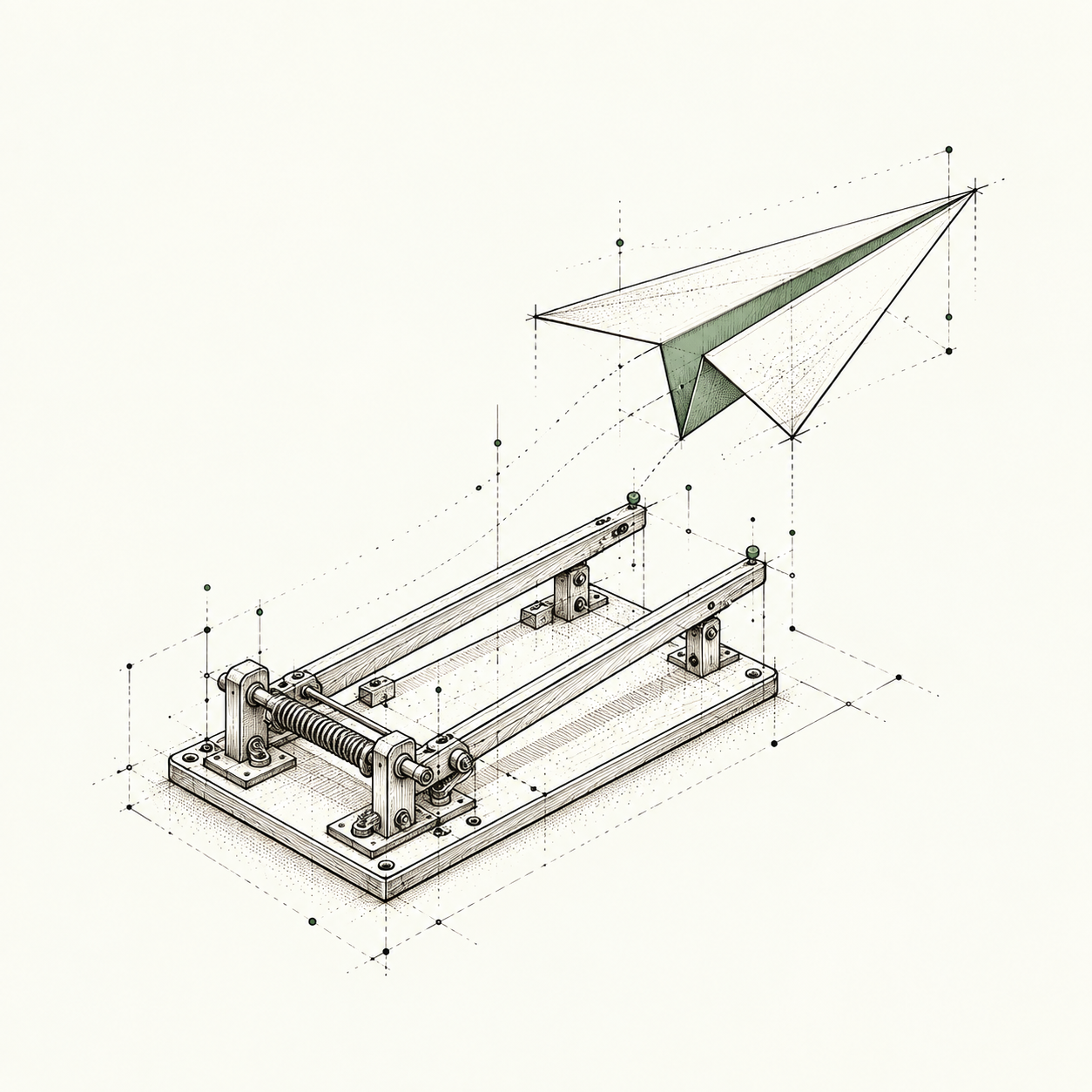 A pen sketch of a glider launching from a mechanical platform, putting an idea into motion.